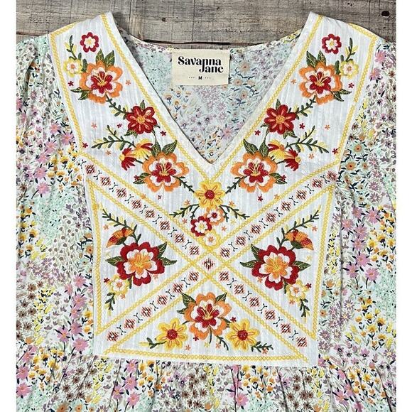 Savannah Jane Blouse Women’s Sz M Multicolored Floral Embroidered Top Boho - Picture 3 of 8